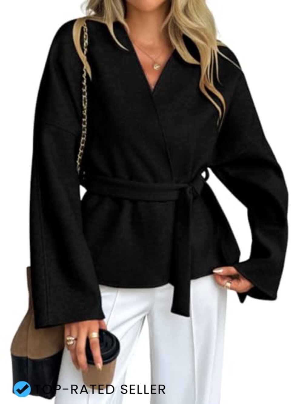 Women's Collarless Belted Crop Peacoat Blazer Jacket Wrap Coat Polyester Viscose